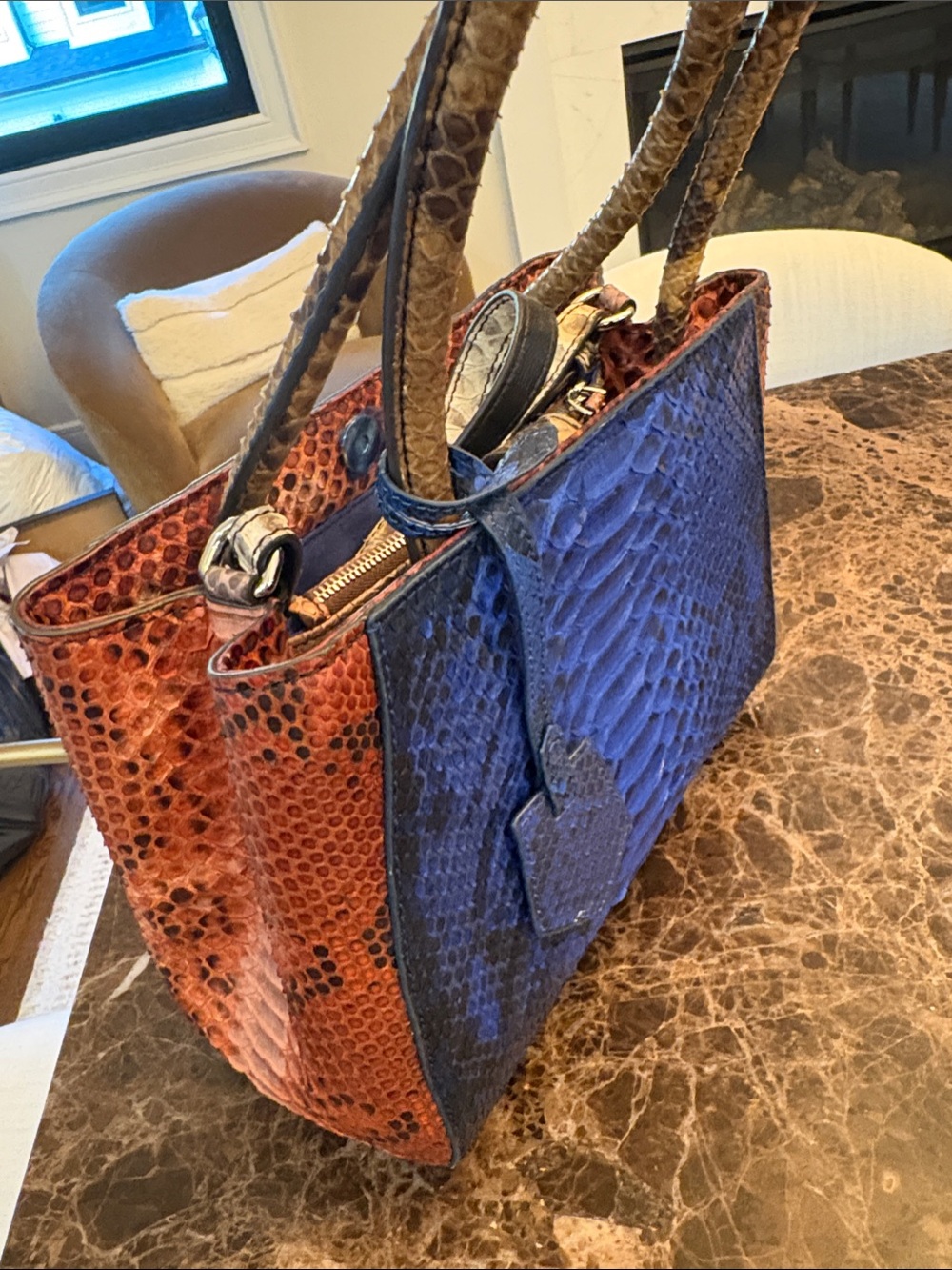 Women’s Two-Tone Snake-Texture Tote Bag in Blue and Orange